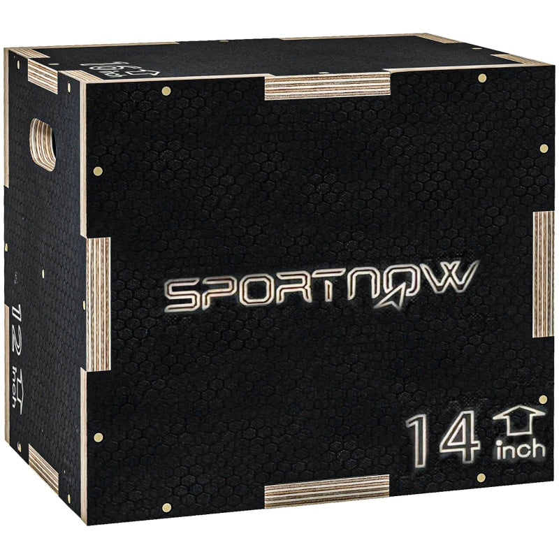 Black wooden jump box step-up with SportNOW logo and 14 inch height mark