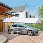 White open carport canopy tent sheltering a vehicle with galvanized steel poles and roof