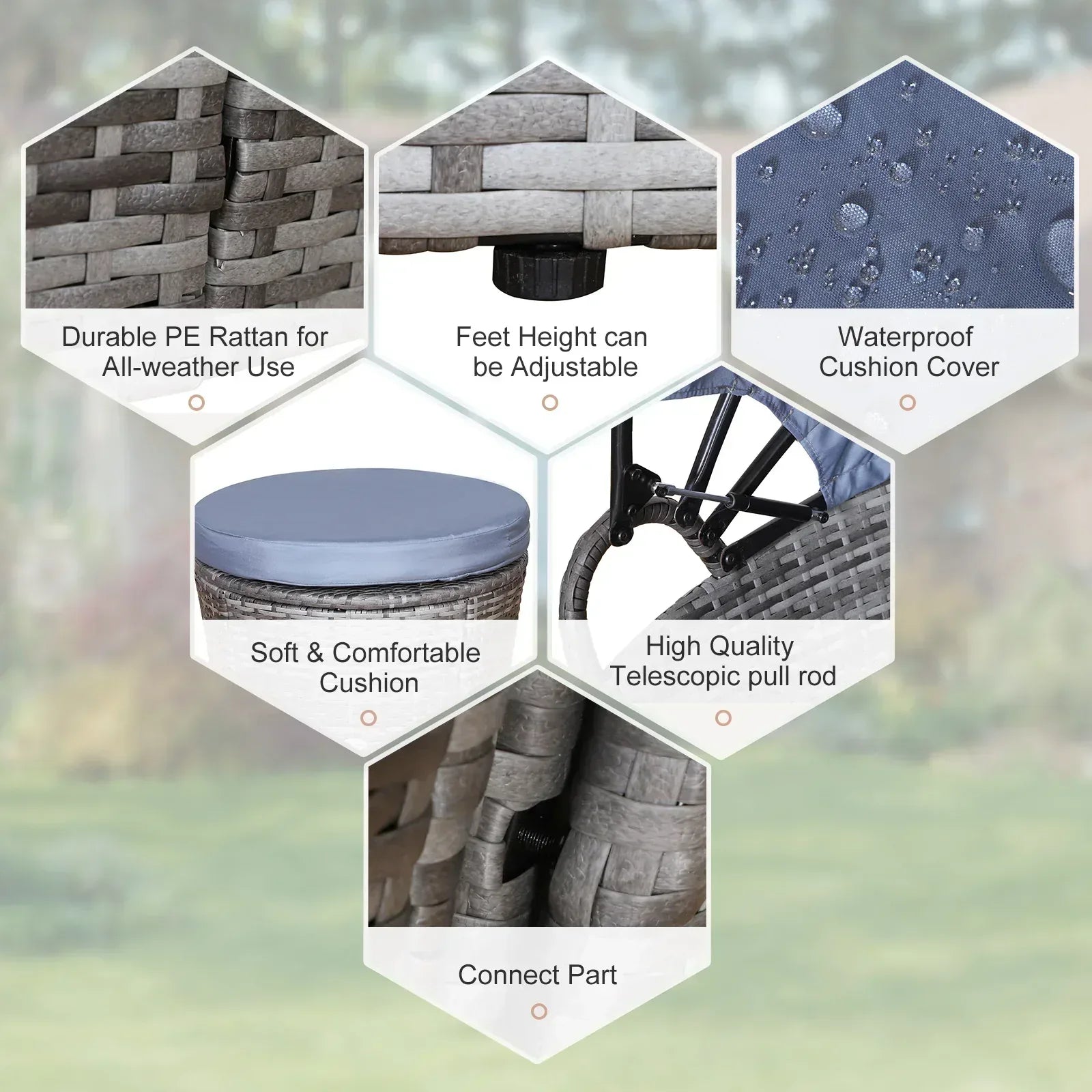 Outdoor PE Rattan Garden Furniture with Cushioned, Patio Wicker Conversation Furniture Set, Round Daybed with Retractable Canopy, Coffee Table and Three Pillows, Grey/Blue Grey - Bobobiy