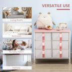 Pink-topped fabric drawer cabinet with metal frame and 6 drawers, plush toy on top