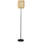 Black metal floor lamp with natural woven rattan hexagon shade