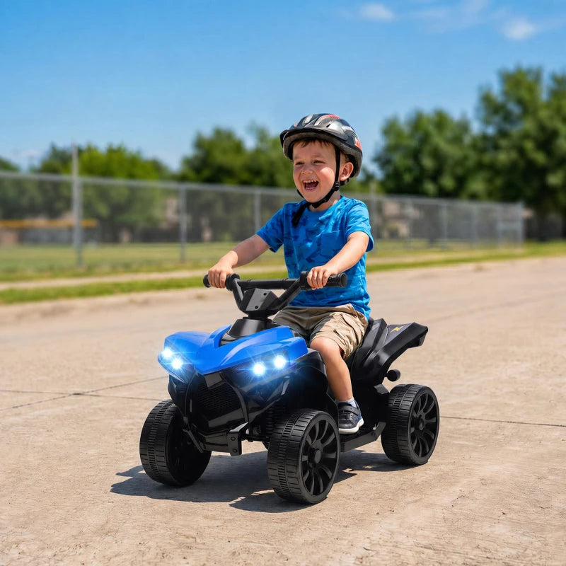 Blue kids electric ATV with LED headlights, child riding on an open path
