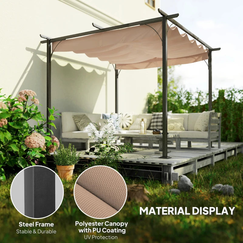 Beige polyester canopy metal pergola with four posts over outdoor seating area