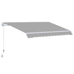 Light grey retractable porch awning with scalloped valance on white metal frame