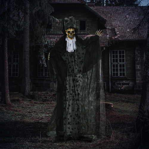 Black ghost bridegroom animatronic prop with skull face, top hat, flowing robe, open arms
