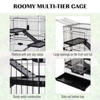 Three-tier wire cage with black platforms and ramps, large front openings, slide-out tray