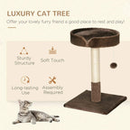 Brown cat tree with soft round top bed, sturdy post, flat base, and hanging ball toy