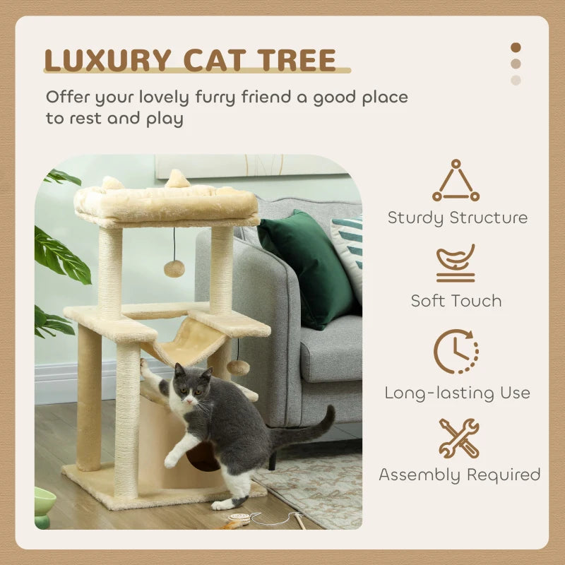 Beige cat tree with top perch, hammock, condo, and hanging ball