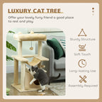 Beige cat tree with top perch, hammock, condo, and hanging ball