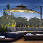 Khaki cantilever parasol with built-in solar lights over outdoor seating set