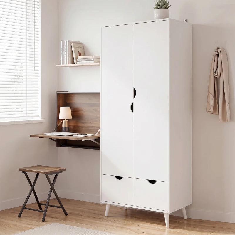 White 2-door wardrobe with 2 drawers and wood feet, angled front view.