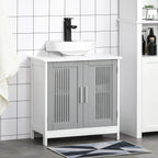 Grey bathroom vanity cabinet under sink with two slatted doors and vertical handles.