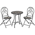 3 Pieces Garden Bistro Set with Coffee Table and 2 Folding Single Chairs, Mosaic Garden Table Top and Seats, Metal Frame, for Patio Balcony, Black - Bobobiy