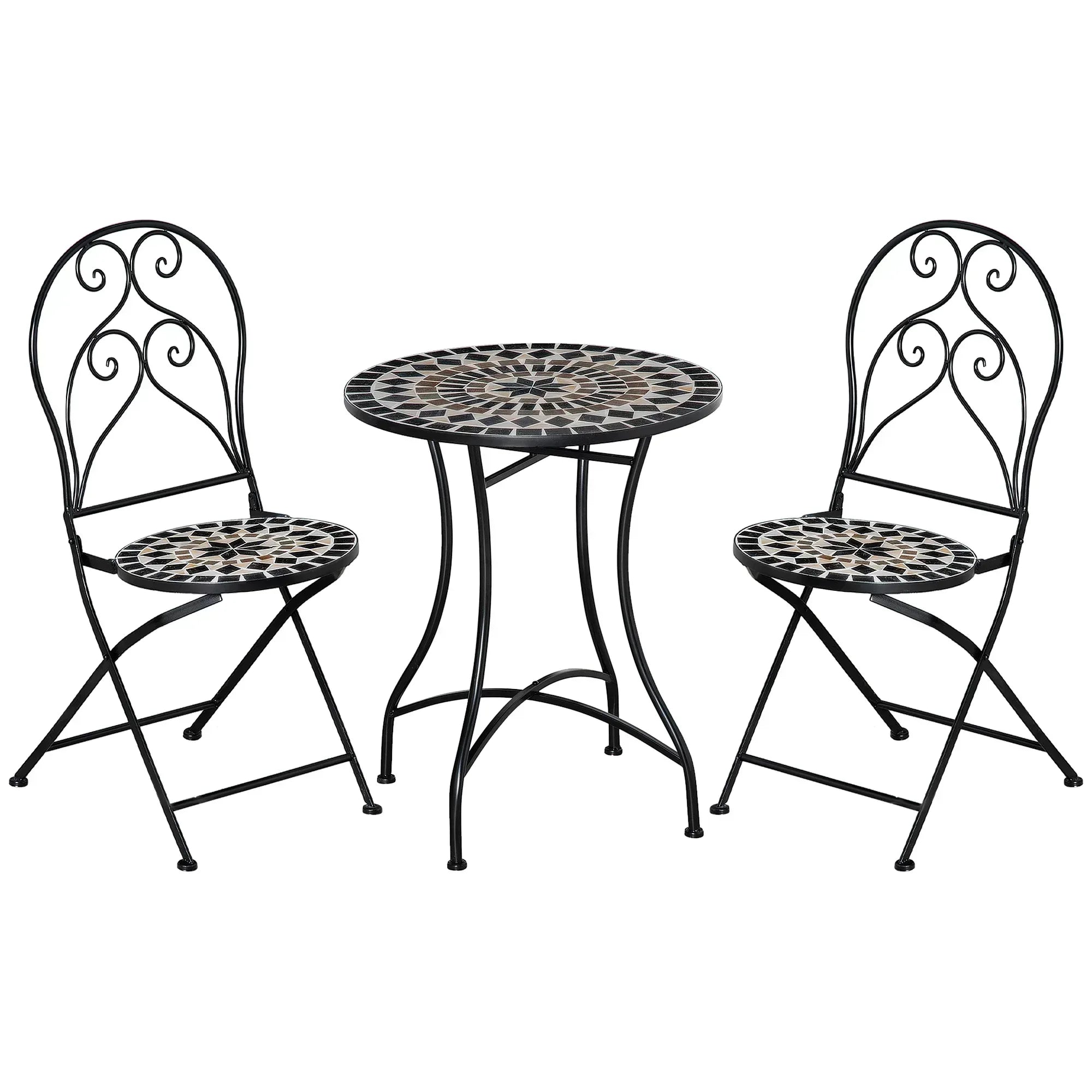 3 Pieces Garden Bistro Set with Coffee Table and 2 Folding Single Chairs, Mosaic Garden Table Top and Seats, Metal Frame, for Patio Balcony, Black - Bobobiy