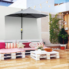 Dark grey half market umbrella open canopy on central pole with cross support bars.