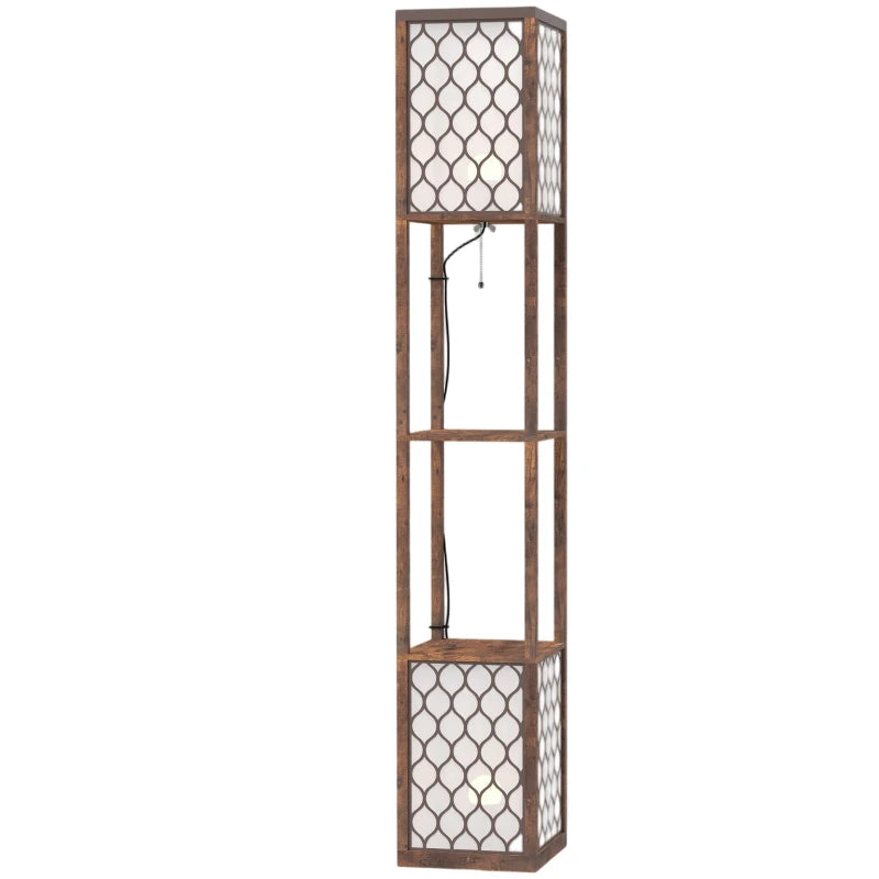 Rustic brown floor lamp with glass lattice panels and two open shelving sections