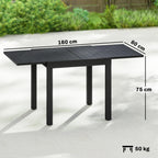 Black extending outdoor dining table with slatted top; dimensions marked on the tabletop