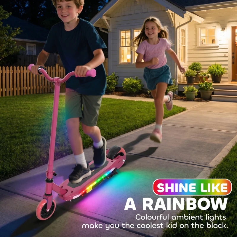 Pink kids electric scooter with colorful LED light strip on the deck