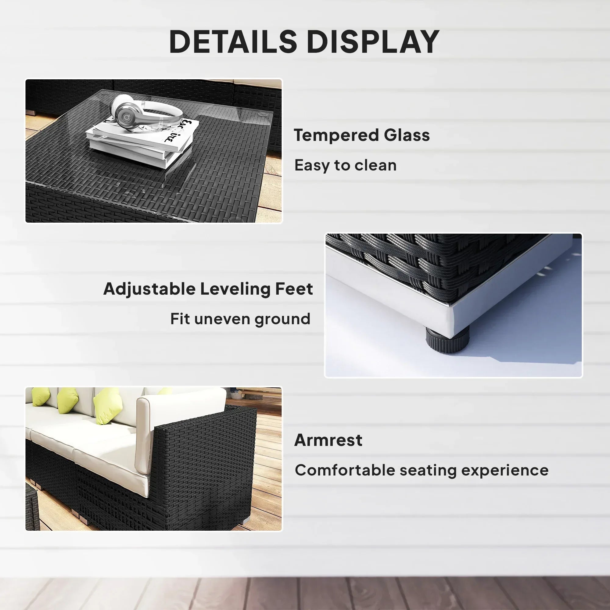 8 Piece Rattan Corner Sofa Set with Wide & Deep Seat, Assembled Aluminium PE Rattan Garden Furniture Set with Thick Cushions and Glass Top Table for Outdoor, Conservatory, Black - Bobobiy