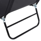 Close-up of black foldable sun lounger frame hinge and adjustable backrest bracket