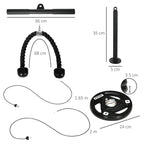 Black cable pulley system with dual rope handles, metal connector and mounting post
