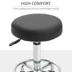Black thick-padded round stool seat on chrome pedestal with height adjustment lever