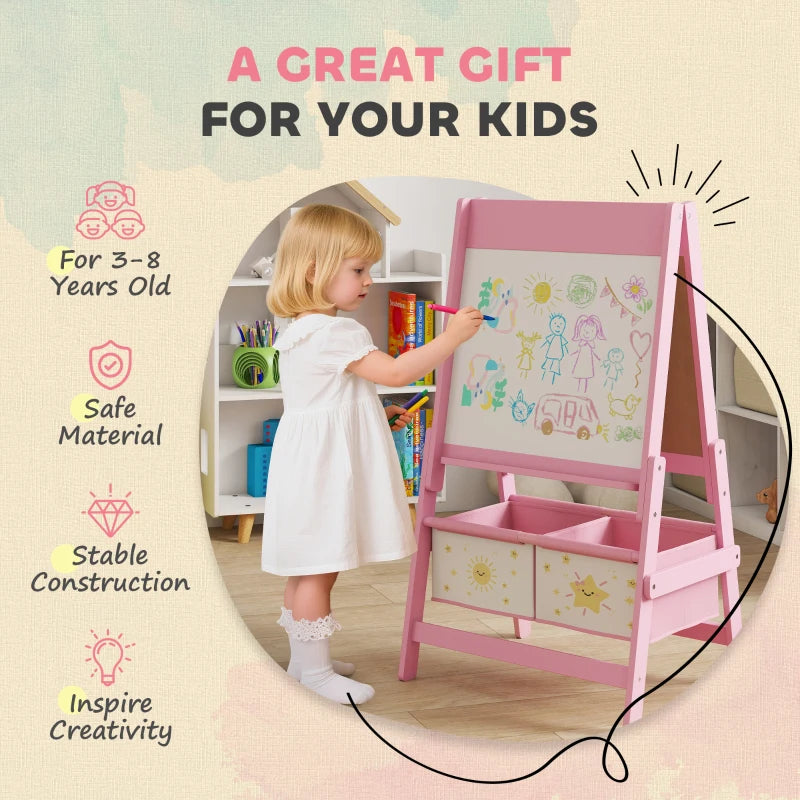 Pink kids art easel with whiteboard and storage drawers, used by a child