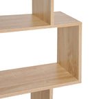 Close-up of oak bookshelf open shelf interior with side panel and wood-grain surface