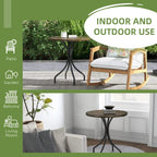 Brown round slatted table with black pedestal base for indoor and outdoor use.
