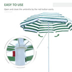 Tilt beach parasol with red open/close button on white pole