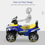 Blue ride-on quad bike with floor-to-floor platform, yellow seat, wide tread wheels