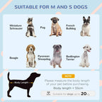 Dog house sizing guide infographic with dog silhouettes and body-length measurement diagram.