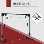 Black cable crossover rack with multi-grip handles for individual or paired exercises