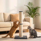 Vertical cat scratching post with beige sisal rope and dark grey plush base
