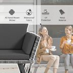 Grey rattan sofa backrest with removable arm cushion detail