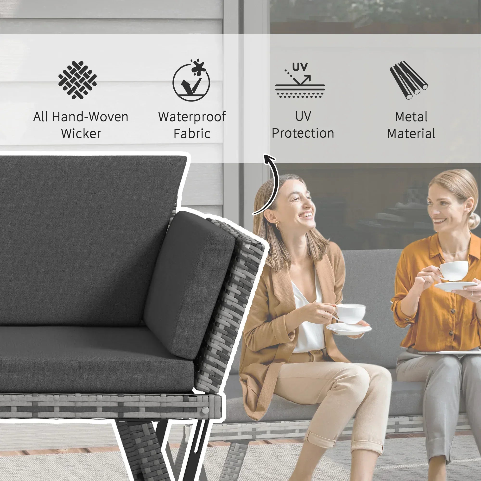 2 Seater Rattan Sofa with Cushions, 2-in-1 PE Rattan Daybed Sofa with Left Up or Down Armrests, Garden Chaise Lounger Loveseat for Outdoor, Patio, Mixed Grey - Bobobiy