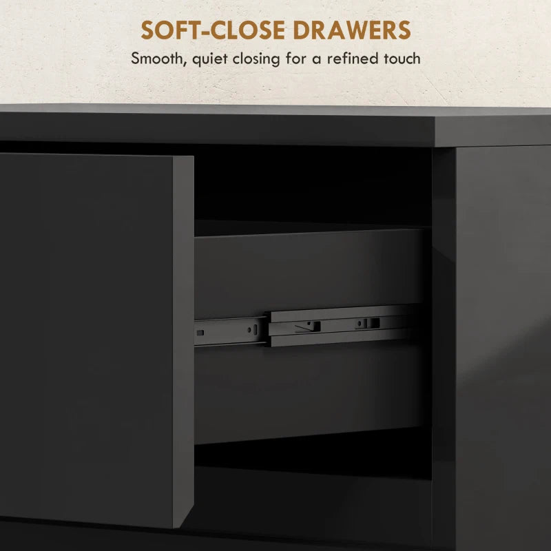 High-gloss black drawer cabinet with one drawer open, showing smooth metal rails.