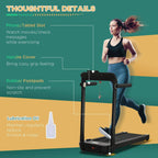 Black foldable motorized treadmill with side handle and control console on front frame