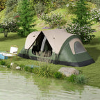 Family camping tent in dark green and beige with two side openings and mesh front