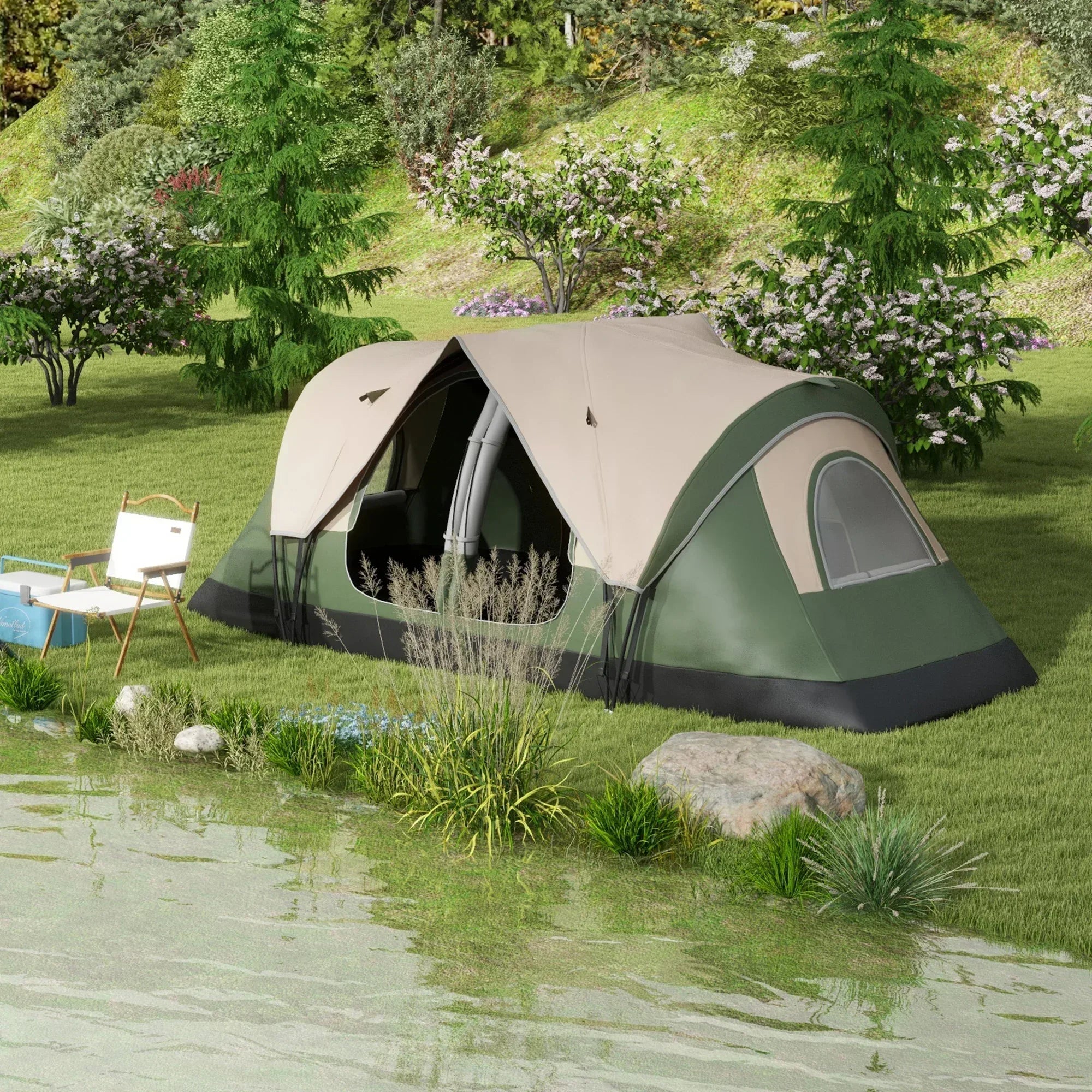 Camping Tent for 6-8 Man with 2000mm Waterproof Rainfly and Carry Bag for Fishing Hiking Festival, Dark Green - Bobobiy