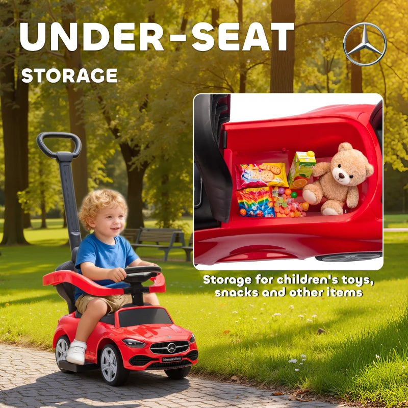 Red ride-on push car with under-seat storage compartment showing toys inside
