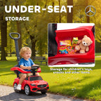 Red ride-on push car with under-seat storage compartment showing toys inside