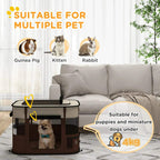 Portable brown pet playpen with top cover and front mesh panel, for small pets