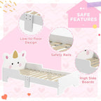 White unicorn toddler bed featuring low-to-floor design and safety side rails