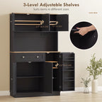 Black kitchen cupboard with adjustable shelves and open compartments for storage