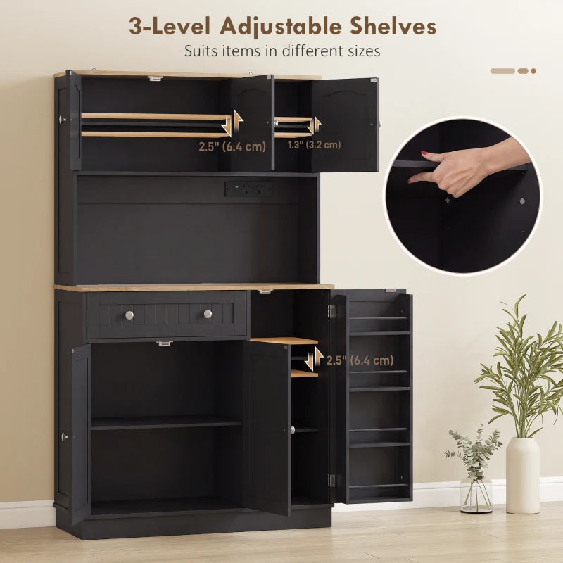 Black kitchen cupboard with adjustable shelves and open compartments for storage