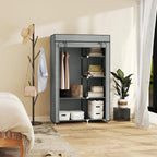 Light grey fabric wardrobe cabinet with hanging rail and multiple storage shelves