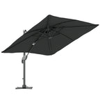 Grey cantilever garden parasol with cross base, open canopy and central pole.