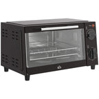 Black countertop mini oven with clear glass door and inner wire rack, front view.