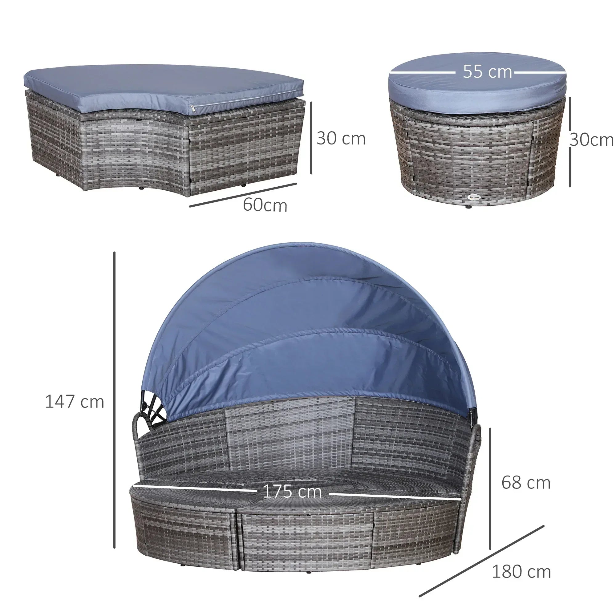 Outdoor PE Rattan Garden Furniture with Cushioned, Patio Wicker Conversation Furniture Set, Round Daybed with Retractable Canopy, Coffee Table and Three Pillows, Grey/Blue Grey - Bobobiy